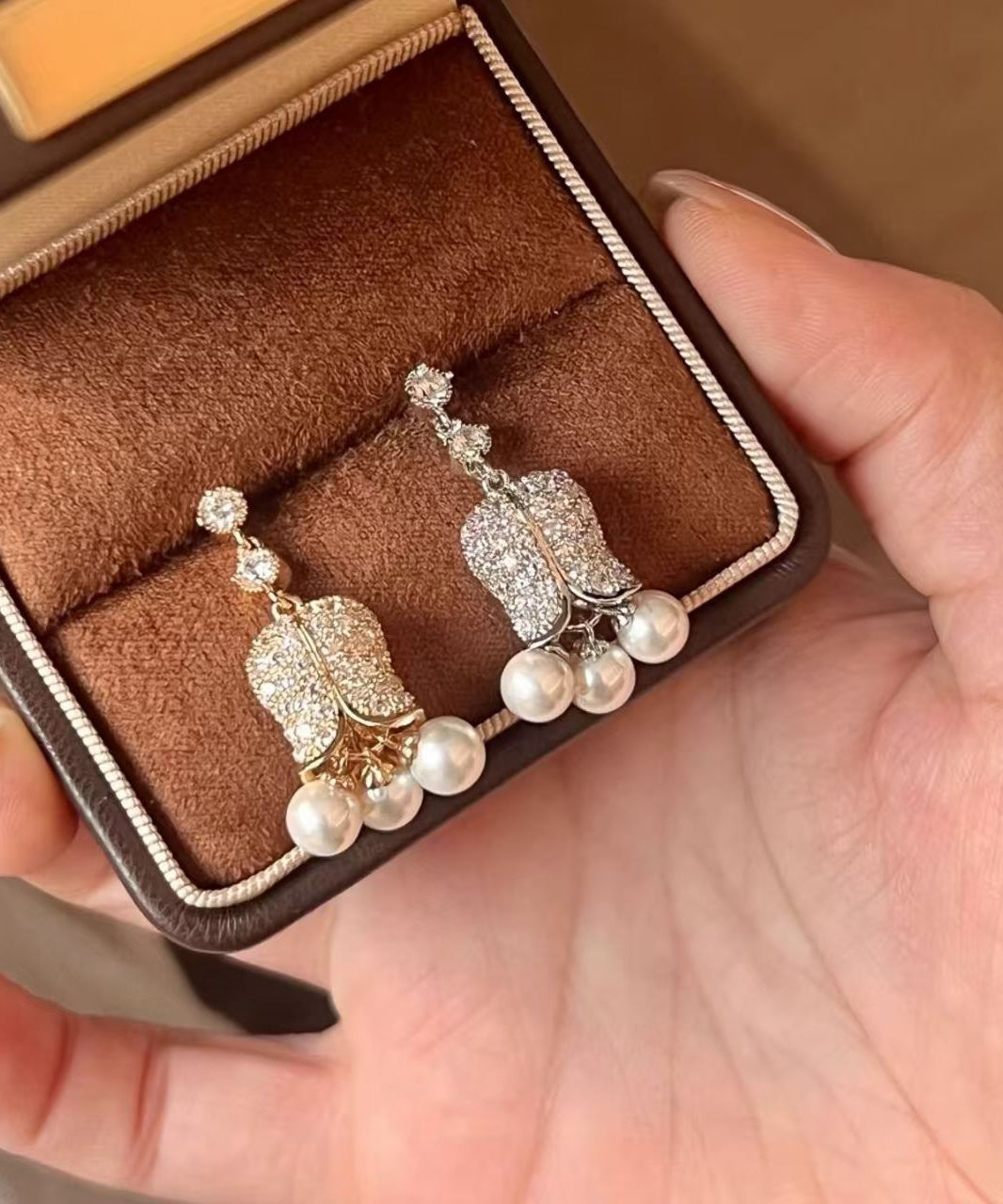 French Gold Copper Overgild Zircon Pearl Lily Of The Valley Drop Earrings