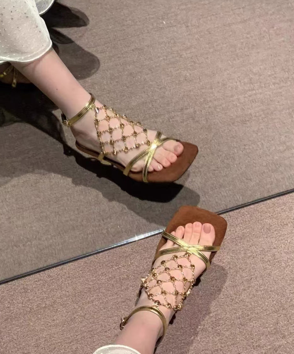 French Gold Fishing Net Sparkling Diamond Chunky Heel Sandals