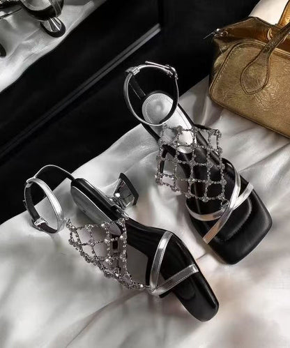 French Gold Fishing Net Sparkling Diamond Chunky Heel Sandals