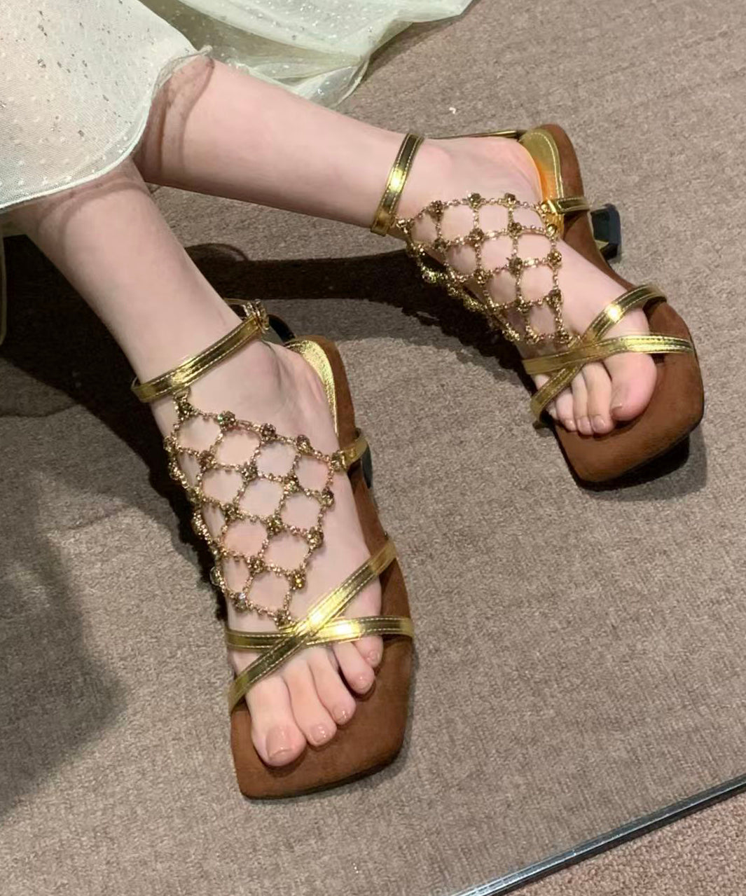French Gold Fishing Net Sparkling Diamond Chunky Heel Sandals