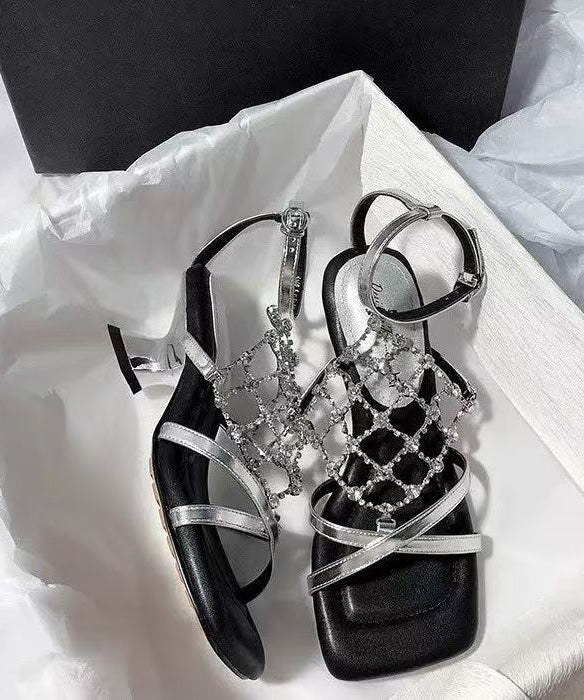 French Gold Fishing Net Sparkling Diamond Chunky Heel Sandals