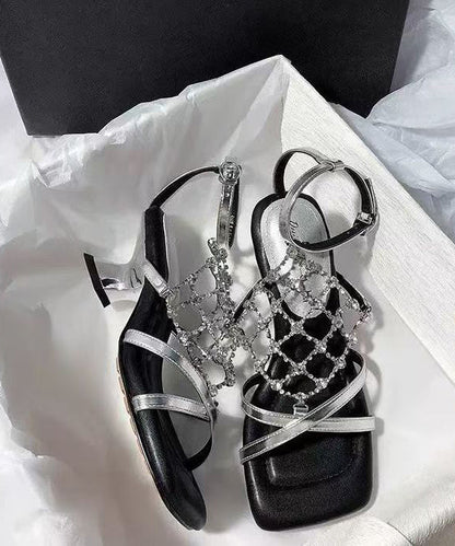 French Gold Fishing Net Sparkling Diamond Chunky Heel Sandals