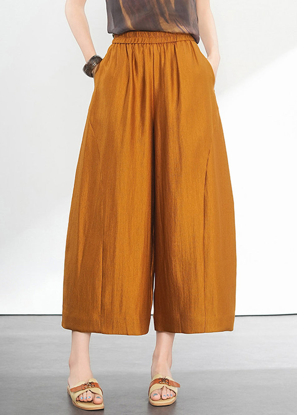French Gold Pockets High Waist Draping Wide Leg Crop Pants Summer