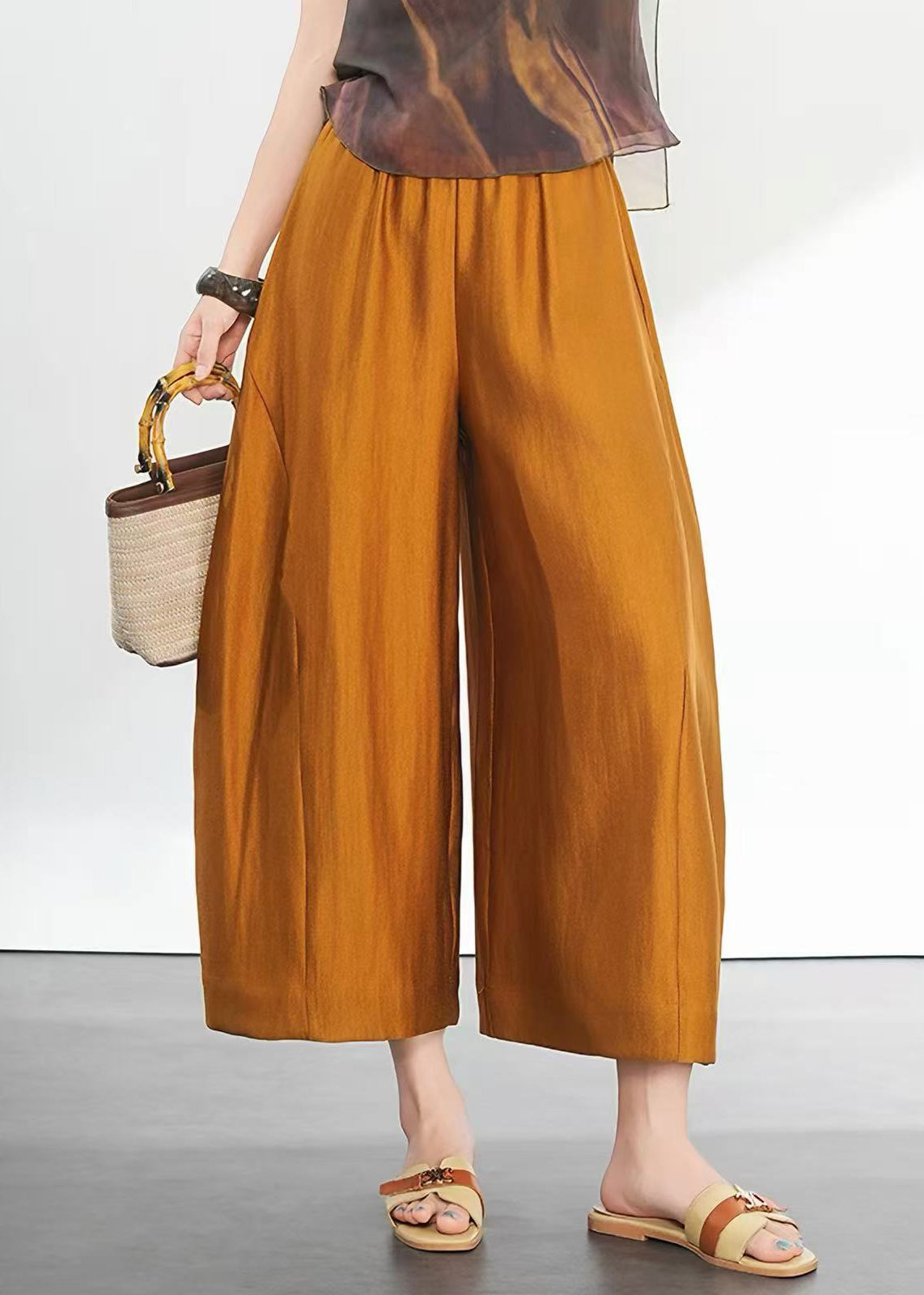 French Gold Pockets High Waist Draping Wide Leg Crop Pants Summer