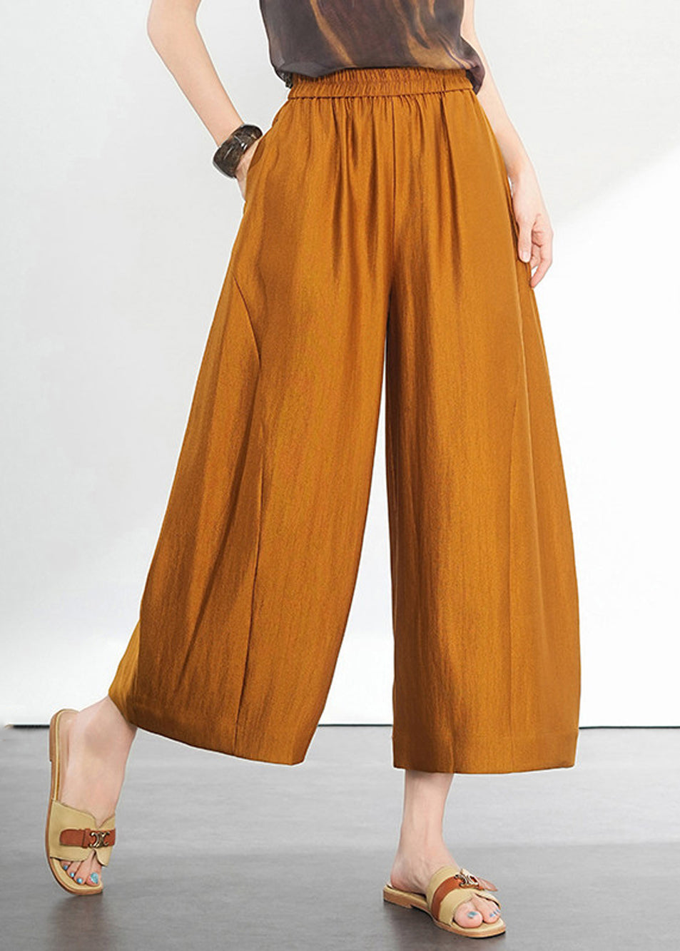 French Gold Pockets High Waist Draping Wide Leg Crop Pants Summer