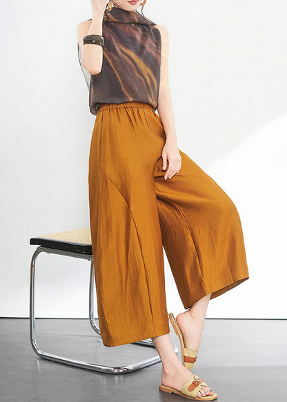 French Gold Pockets High Waist Draping Wide Leg Crop Pants Summer