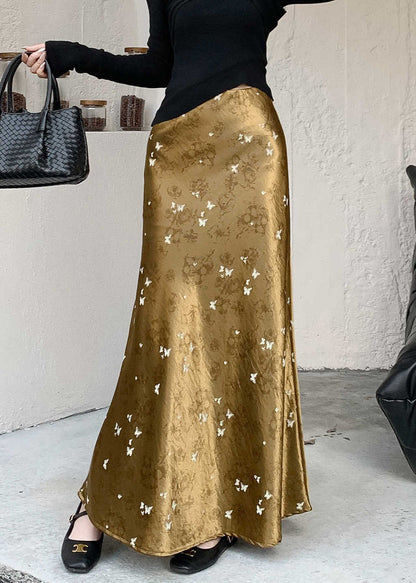 French Gold Print High Waist Silk Skirt Fall