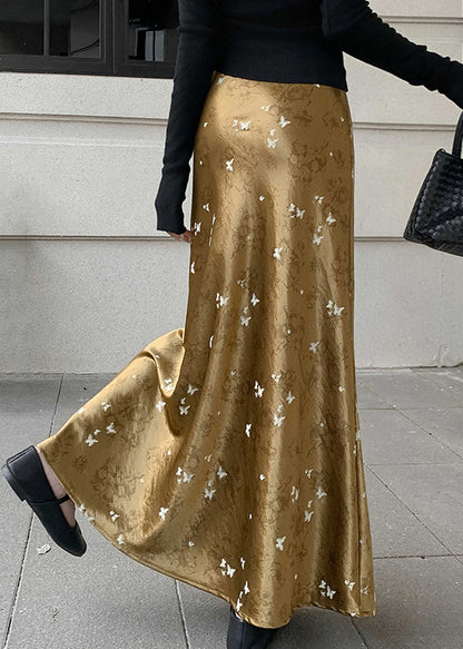 French Gold Print High Waist Silk Skirt Fall