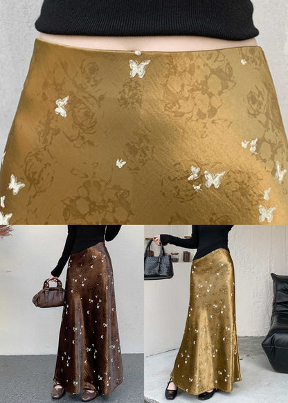 French Gold Print High Waist Silk Skirt Fall