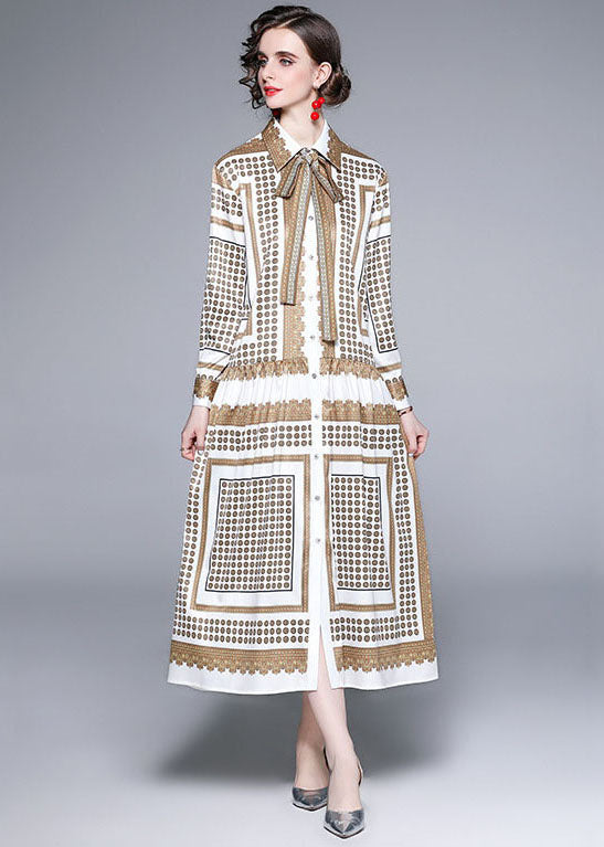 French Golden Peter Pan Collar Print Silk Maxi Dresses Fall