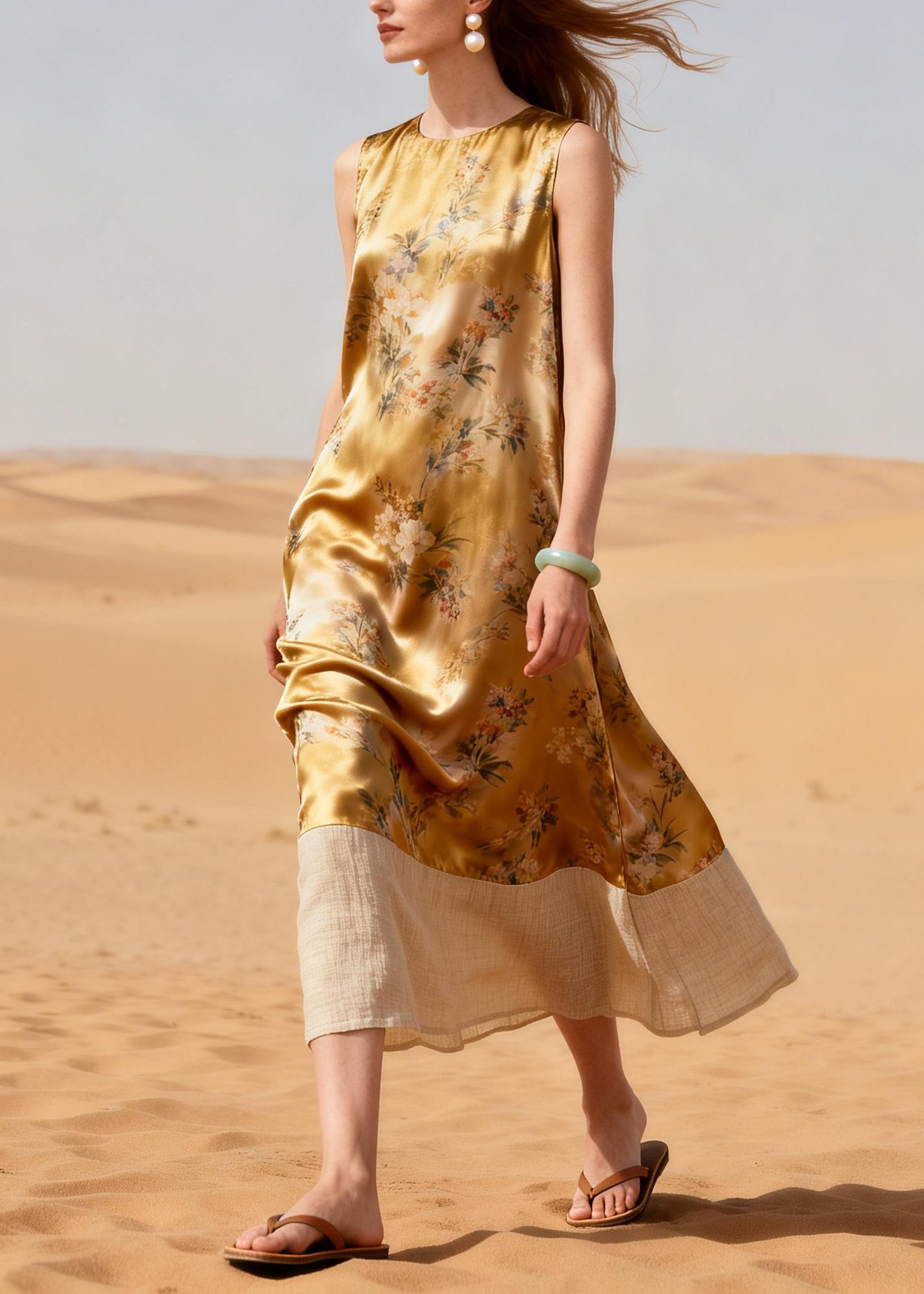 French Golden Print Patchwork Silk A Line Dresses Summer