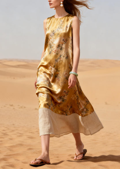 French Golden Print Patchwork Silk A Line Dresses Summer