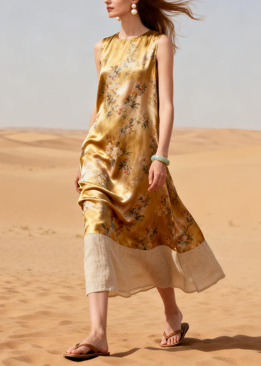 French Golden Print Patchwork Silk A Line Dresses Summer