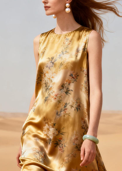 French Golden Print Patchwork Silk A Line Dresses Summer