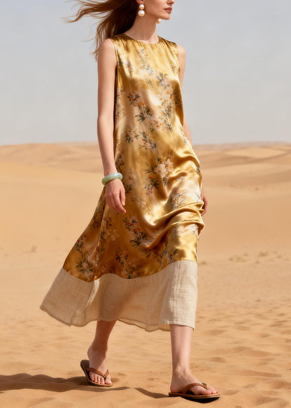 French Golden Print Patchwork Silk A Line Dresses Summer