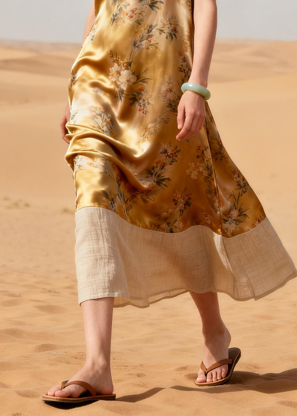 French Golden Print Patchwork Silk A Line Dresses Summer