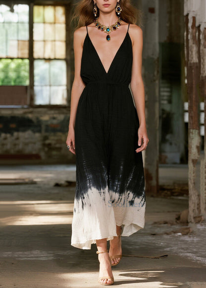 French Gradient Black V Neck Cotton Cami Dresses Summer