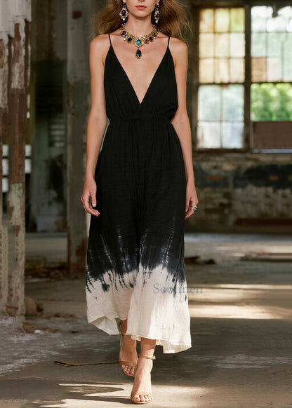 French Gradient Black V Neck Cotton Cami Dresses Summer