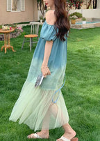 French Gradient Color Tulle Patchwork Long Dresses Summer