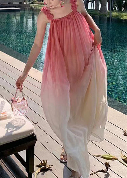 French Gradient Color Wrinkled Spaghetti Strap Dress Sleeveless