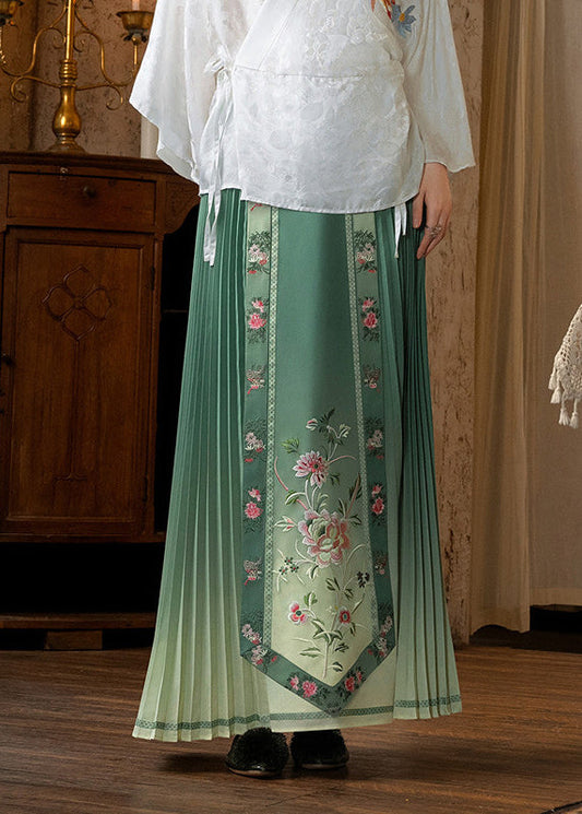 French Gradient Green Print Silk Pleated Skirts Summer