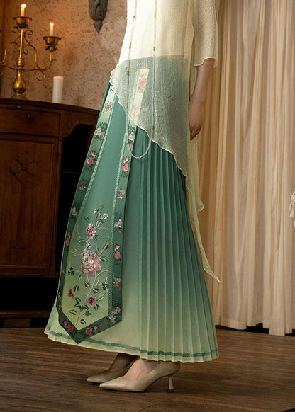 French Gradient Green Print Silk Pleated Skirts Summer