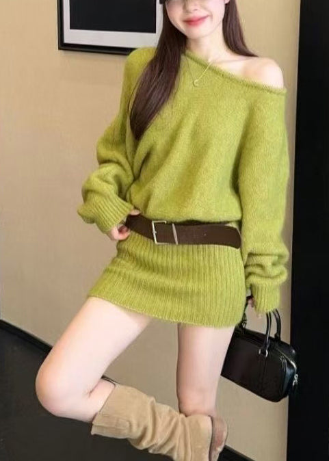 French Grass Green Cold Shoulder Wraped Knitwear Dress Spring