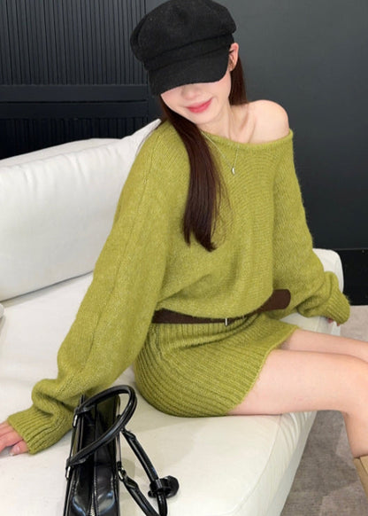French Grass Green Cold Shoulder Wraped Knitwear Dress Spring