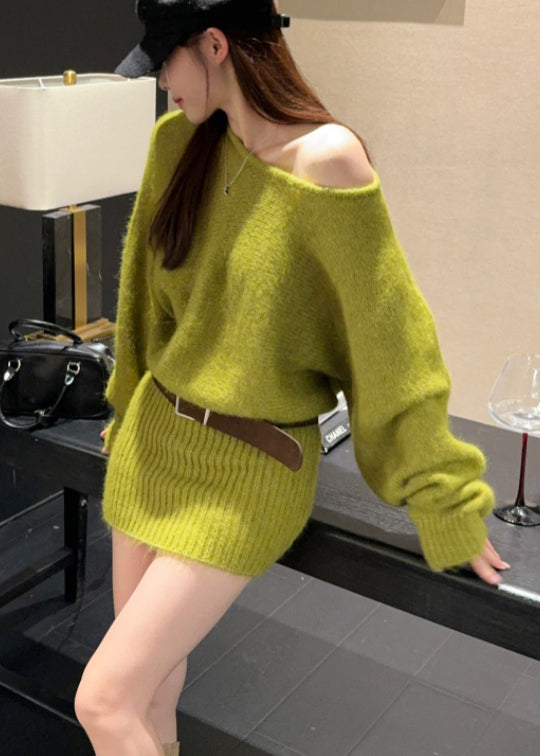 French Grass Green Cold Shoulder Wraped Knitwear Dress Spring