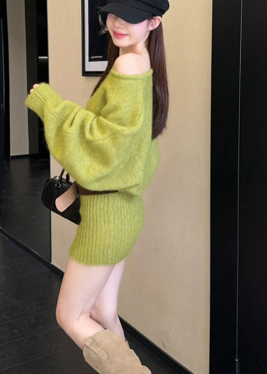 French Grass Green Cold Shoulder Wraped Knitwear Dress Spring