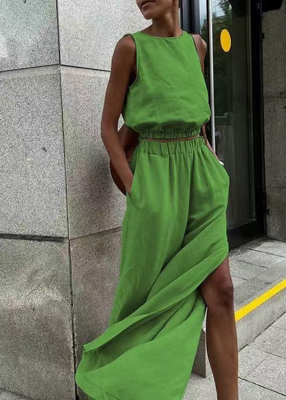 French Grass Green O-Neck Side Open Linen Two-Piece Set Sleeveless