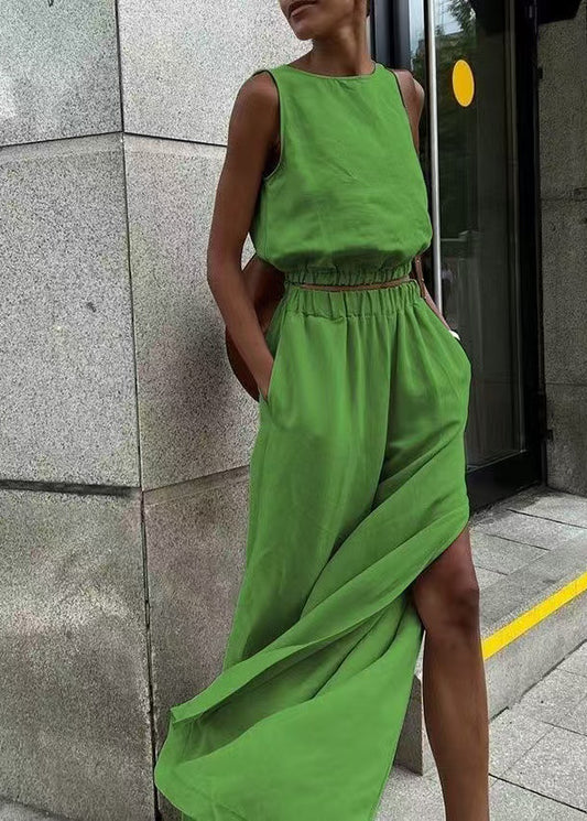 French Grass Green O-Neck Side Open Linen Two-Piece Set Sleeveless