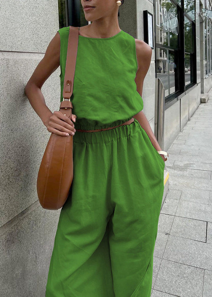 French Grass Green O-Neck Side Open Linen Two-Piece Set Sleeveless