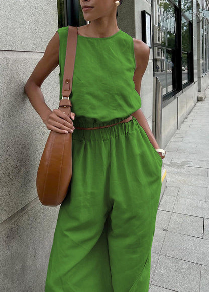 French Grass Green O-Neck Side Open Linen Two-Piece Set Sleeveless