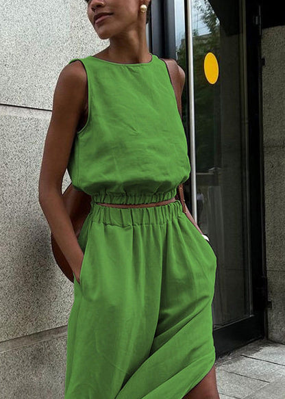 French Grass Green O-Neck Side Open Linen Two-Piece Set Sleeveless