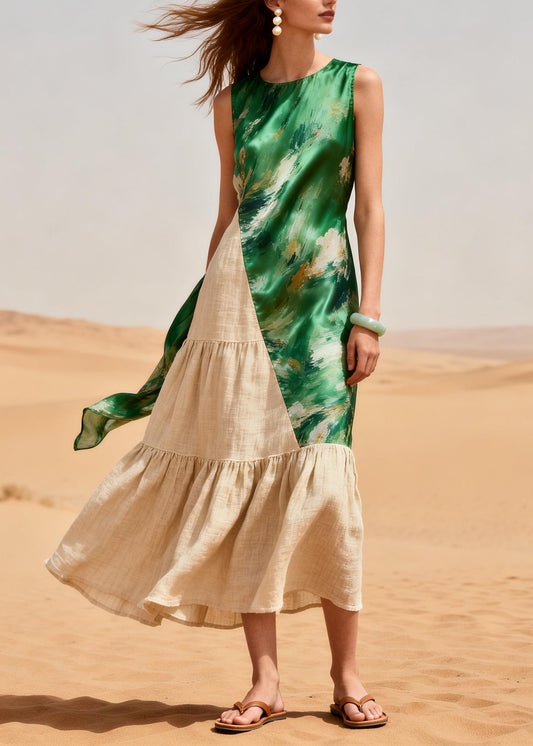 French Green Asymmetrical Patchwork Linen Silk Dress Summer
