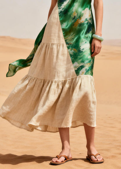 French Green Asymmetrical Patchwork Linen Silk Dress Summer