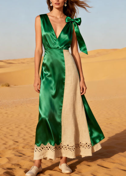 French Green Asymmetrical Patchwork Linen Silk Vacation Dress Summer
