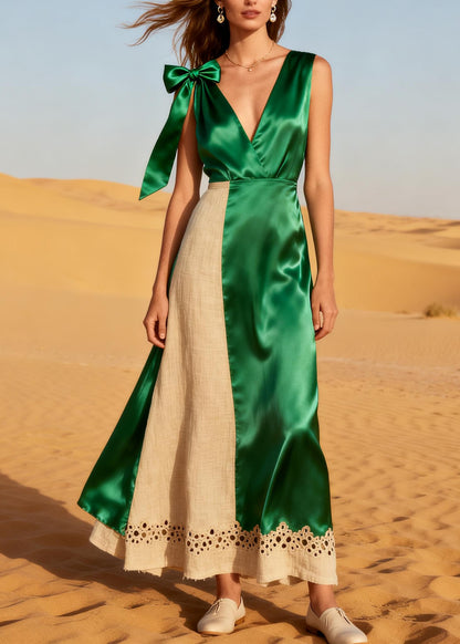 French Green Asymmetrical Patchwork Linen Silk Vacation Dress Summer