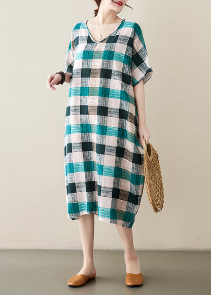 French Green Black Plaid Oversized Linen Dress Summer