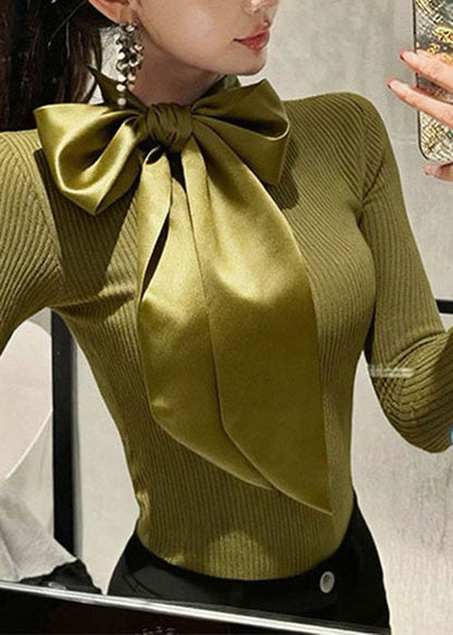 French Green Bow Patchwork Slim Fit Knit Sweaters Spring