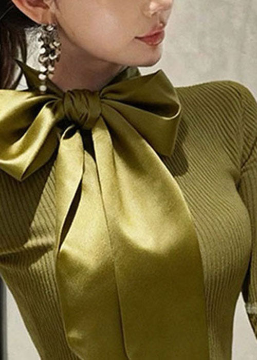 French Green Bow Patchwork Slim Fit Knit Sweaters Spring