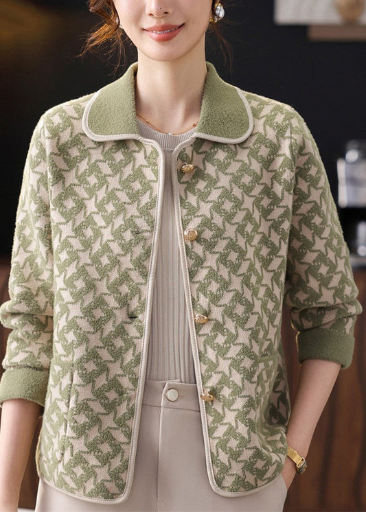 French Green Button Pockets Knit Coats Fall