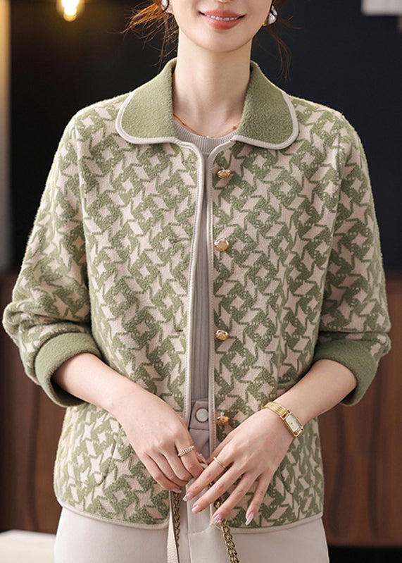 French Green Button Pockets Knit Coats Fall
