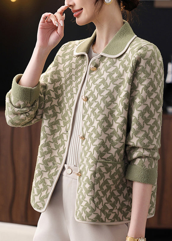 French Green Button Pockets Knit Coats Fall