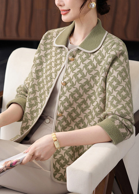 French Green Button Pockets Knit Coats Fall