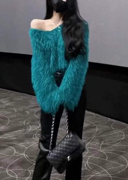 French Green Cold Shoulder Mink Hair Knitted Sweaters Spring