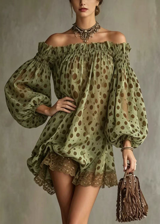 French Green Dot Slash Neck Patchwork Lace Shift Dress Puff Sleeve