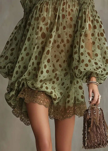 French Green Dot Slash Neck Patchwork Lace Shift Dress Puff Sleeve
