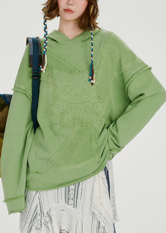 French Green Embroidered Hooded Cotton Loose Sweatshirts Top Spring